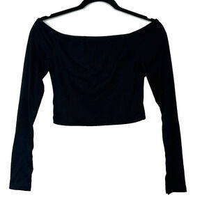 Cider Black Crop Top Shirt Women Small Off Shoulder Long Sleeve Ribbed Split Hem